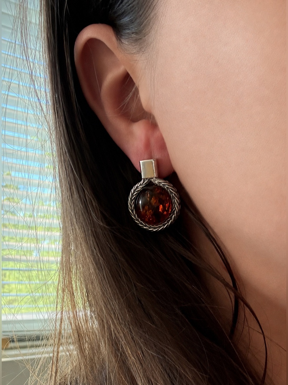Vintage 1960s Modernist Baltic Amber and Sterling Silver Stud Earrings